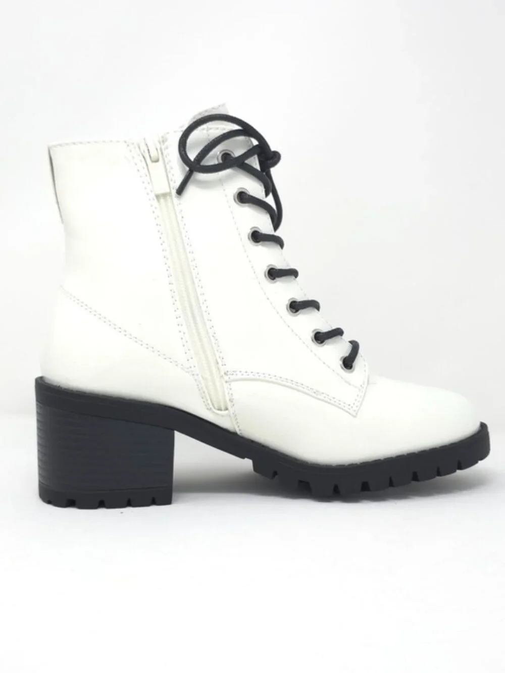 Combat Boots Chunky Heel Lace Up Side Zipper Faux Leather White Pat Ankle Boot - Picture 4 of 12